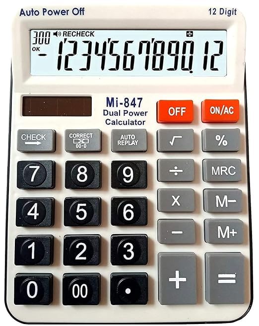 Adoere MI-847 Dual Power 120 Steps Check & Correct Calculator For Office, Shops And Student 12 Digit Display (Black & White)