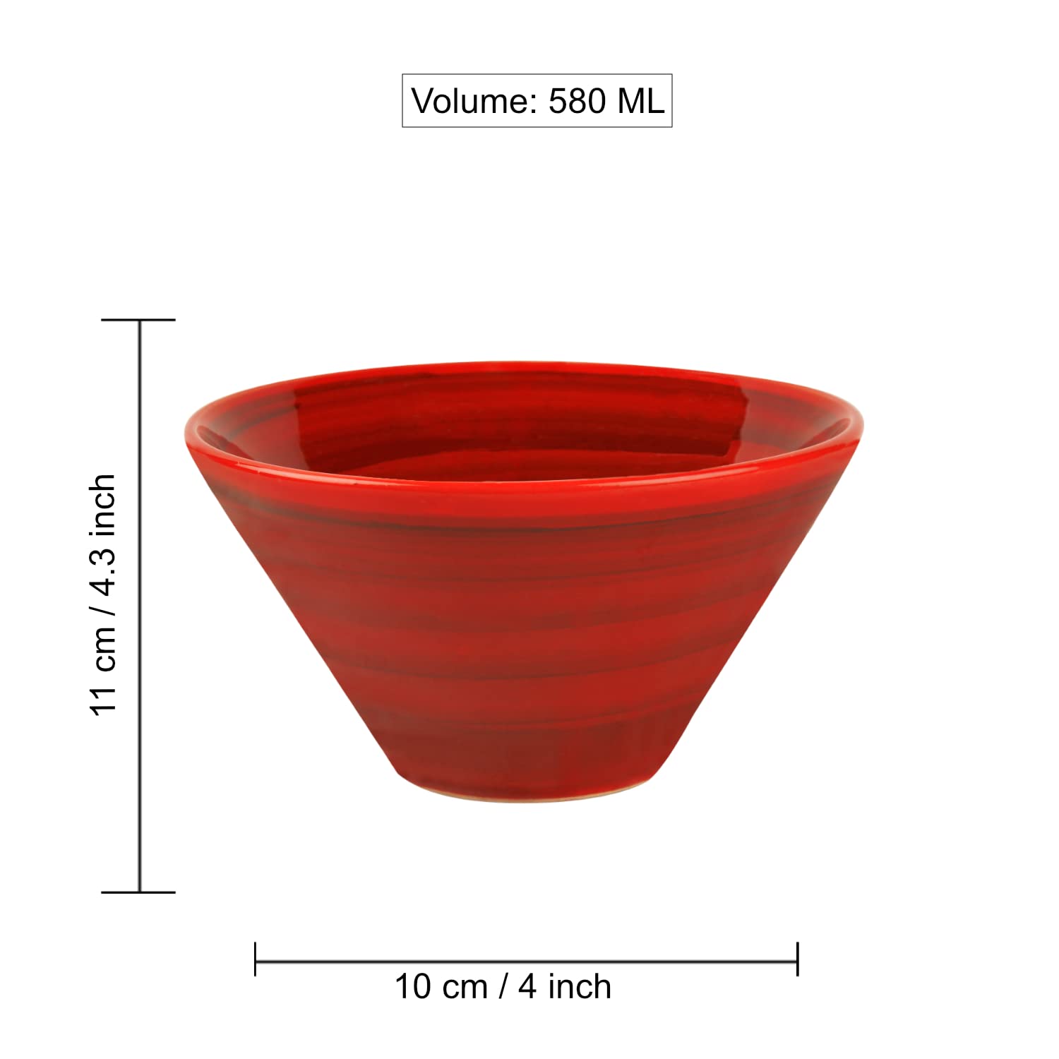 Studio Pottery Conical Ceramic Serving Bowl - Red, Diameter : 10 Cm, 580ml | Rice & Salad Bowl - Snack Bowl