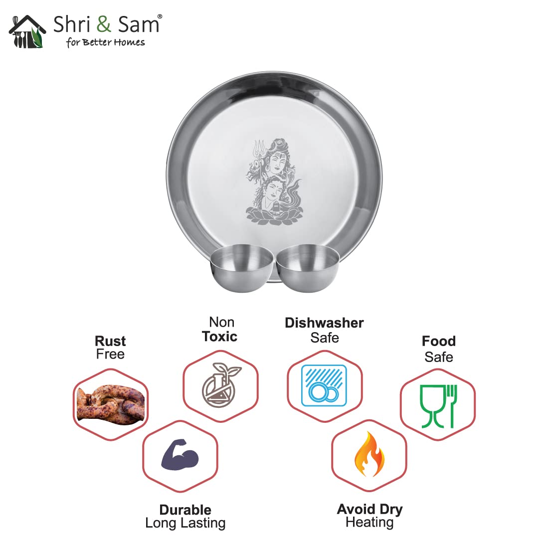 Stainless Steel Shiv Parvati Ji Pooja Thali Set Of 3, Silver | 1 Pooja Thali+ 2 Katoris - Easy To Clean & Dishwasher Safe