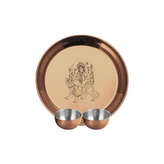 Stainless Steel Durga Mata Pooja Thali Set Of 3, Rose Gold PVD Coating | 1 Pooja Thali+ 2 Katoris - Easy To Clean & Dishwasher Safe