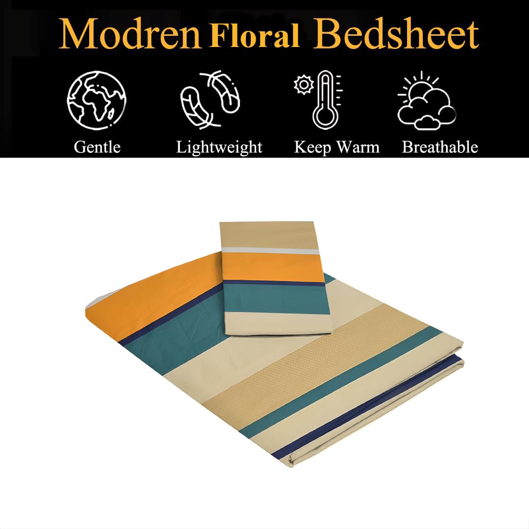 Single Bedsheet With 1 Pillow Covers - 60 X 90 Inches, Beige & Green | Soft Wrinkle Free Breathable Easy Care | 210 Thread Count
