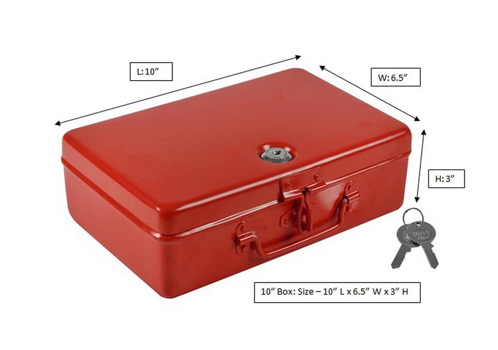 Aluminium Cash Box With Lock, For Jewellery Storage & Organizing - Ideal For Wardrobe, Desktop Locker Safe Peti Metal Container 10" (10" L X 6.5" W X 3" H), Colour - Red
