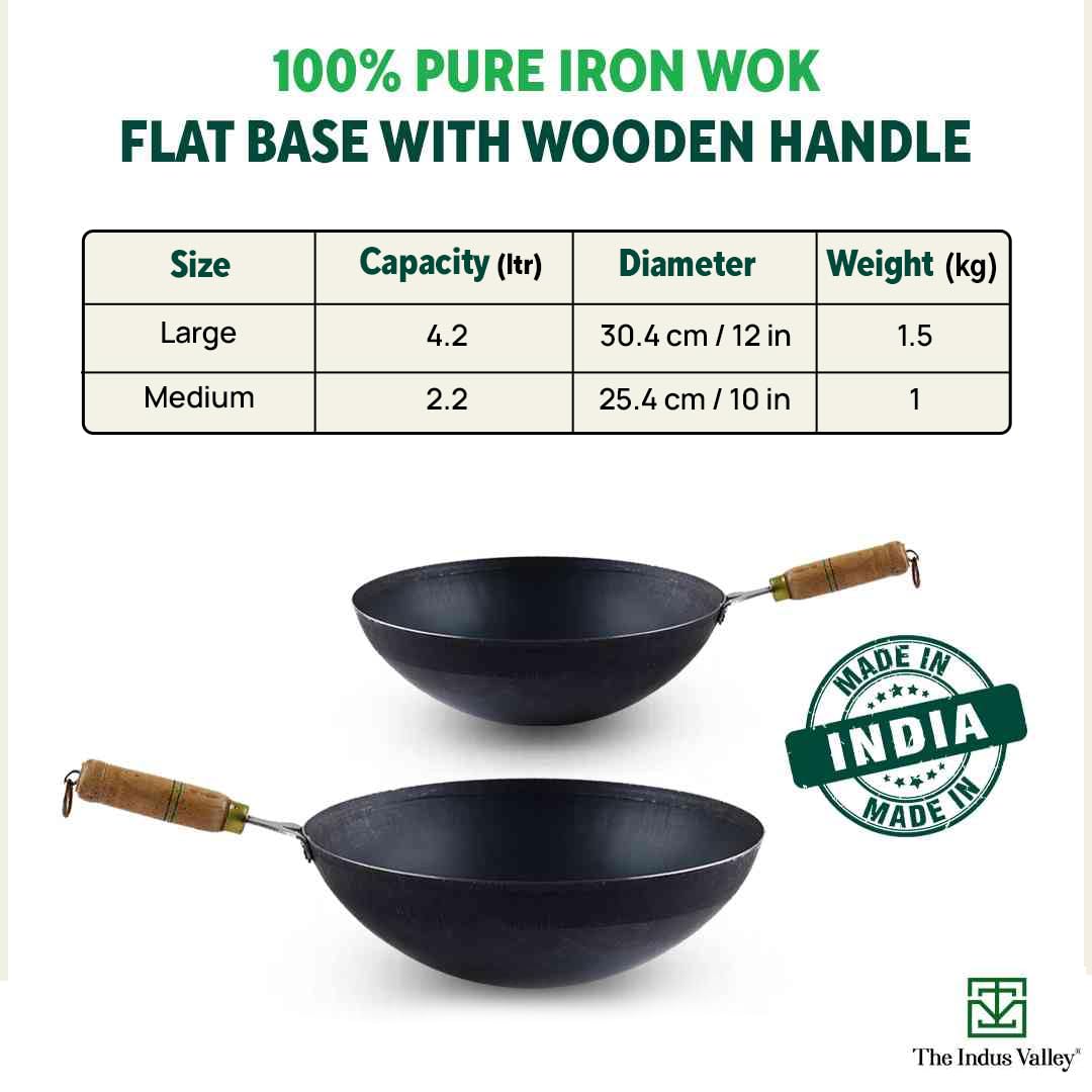 Pre-Seasoned Black Iron Wok With Strong Wooden Handle - Small, 25.4 Cm, 10 Inch, 2.2 Liters, 1 Kg | Gas Compatible, Pre-Seasoned Wok, 100% Pure & Toxin-Free, No Chemical Coating