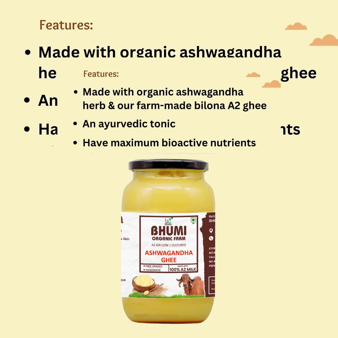 100% Natural Ashwagandha Ghee By Bhumi Organic Farm | Rich In Protein Fiber Healthy A2 Gir Cultured Cow Ghee Good For Hair Growth | (250ml) 8.4 Ounce | Jar Pack