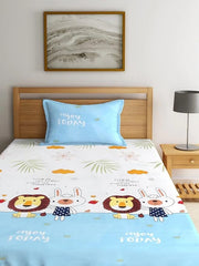 Cartoon Printed Single Bedsheet For Kids With One Pillow Cover - 60 X 90 Inches, White & Sky Blue | 300 Thread Count - Wrinkle Free Soft Perfect For Everyday Use