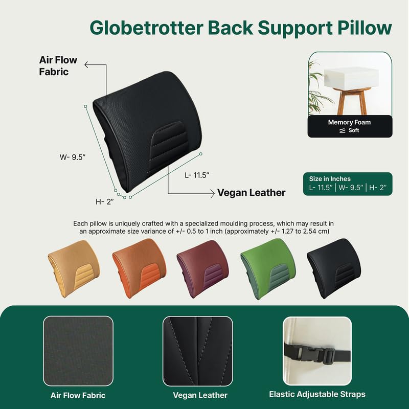 Memory Foam Pillow, Travel Lumbar Back Support Chair Cushion Pillow, Black - 11 L X 9 W X 2 H Inch | For Car, Airplane, Long Drive - Soft Pillow, Washable Outer Cover, Comfortable Pillow