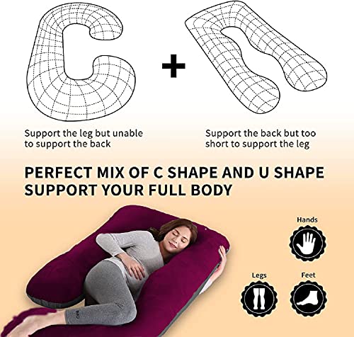 J Shaped Pillow, Pregnancy Pillow For Maternity & Baby Nursing - Wine & Grey | Pregnant Women Stomach, Hip, Spine, Neck Support, Velvet Outer Cover With Zip, Adjustable, Multi-Purpose Pillow