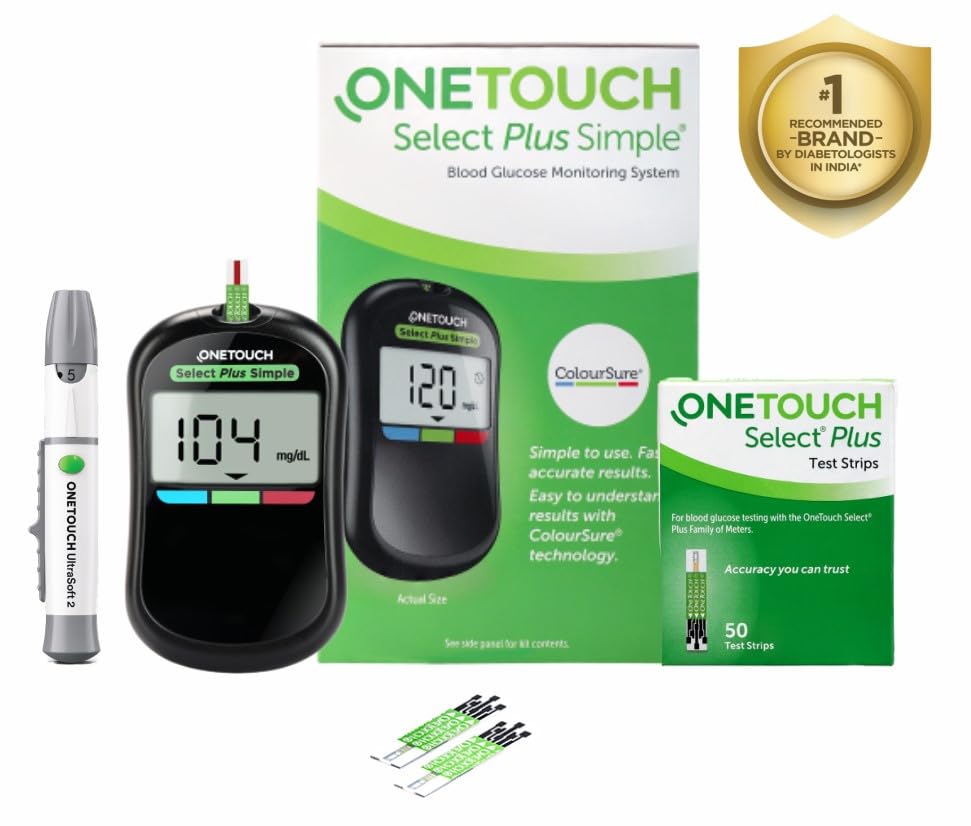 OneTouch Select Plus Simple Glucometer Machine With 50 Test Strips | Simple & Accurate Testing Of Blood Sugar Levels At Home | Global Iconic Brand - Includes 10 Sterile Lancets + 1 Lancing Device