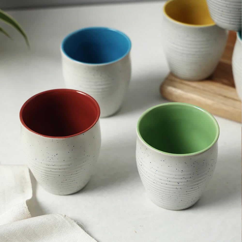 Handcrafted Matt Ceramic Tumblers Set Of 6 - White & Multicolor, 170ml Each | Tea Kulhads - Tea Glasses - Cutting Chai Glasses