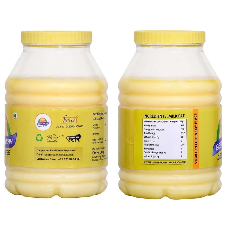 Organic Buffalo Desi Ghee By Geeta Swachh | Natural & Healthy Curd-Churned Desi Ghee Good For Sweets | (5 Litre) 169.0 Ounce | Jar Pack