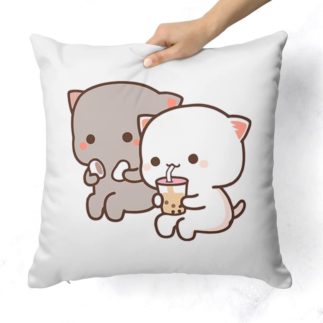 Peach & Goma Mochi Cat Pillow Cushion, Keychain With Card, White - 12 X 12 Inch | Modern Square Pillow, Soft Pillow, For Valentine's Day, Birthday, Wedding, Anniversary, Model No - Combo 28