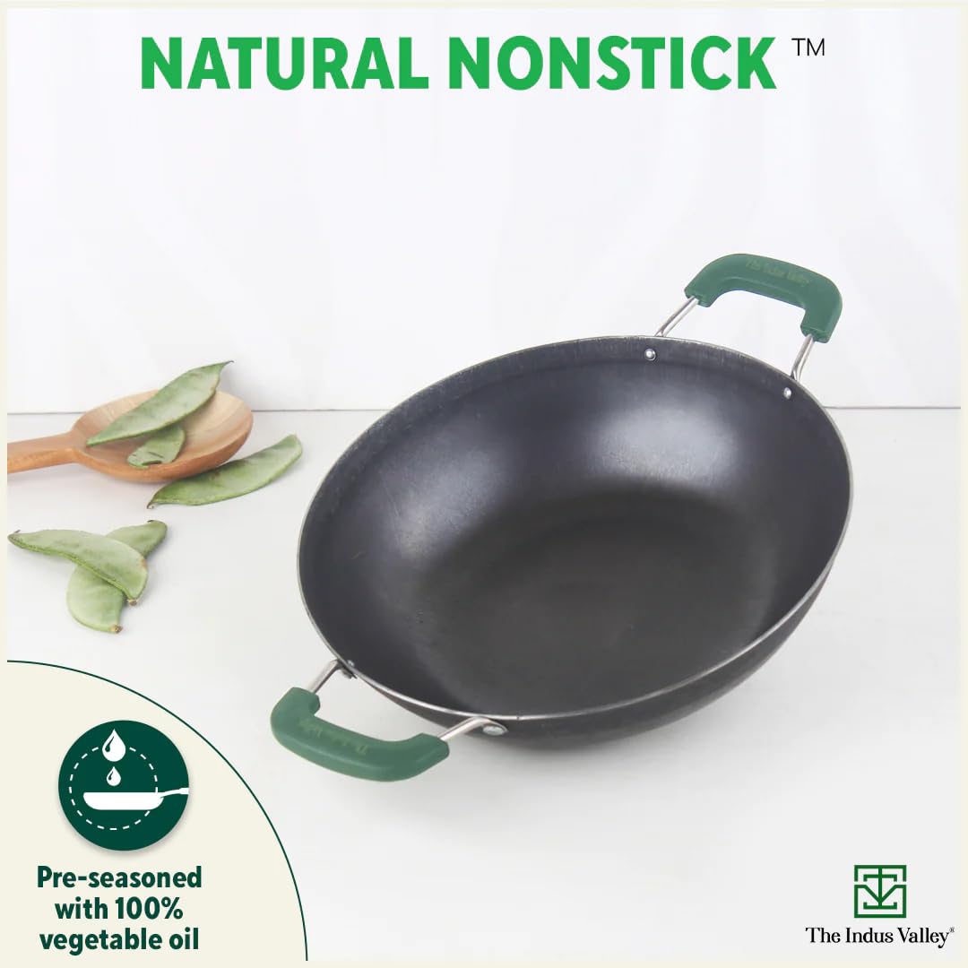 Pre-Seasoned Black Iron Kadai With Silicon Grip - Medium, 25.5 Cm, 10 Inch, 2 Liters, 1.08 Kg | Induction Friendly, Flat Base Iron Kadhai, 100% Pure & Toxin-Free, No Chemical Coating