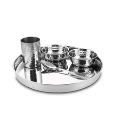 High Grade Stainless Steel Komcha Hammered Thali Set Of 5 Pieces, Mirror Finish | 1 Thali+ 2 Bowls+ 1 Glass+ 1 Dessert Spoon - Easy To Clean & Dishwasher Safe