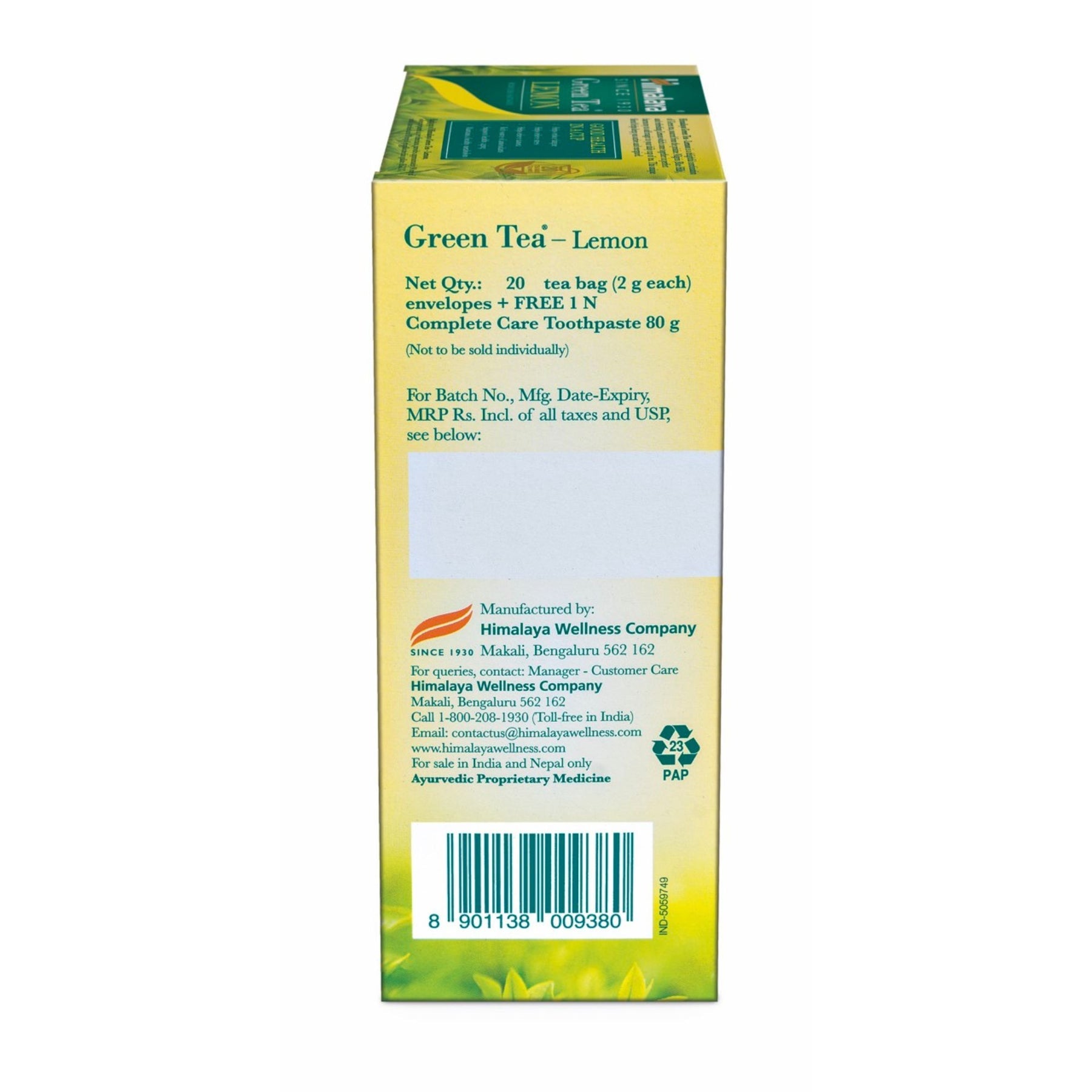 Himalaya Green Tea Lemon 20 Tea Bags + Complete Care Toothpaste 80g Free Offer Pack