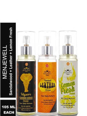 Menjewell Mysore Sandalwood Prime+ Tanned Leather Prime+ Lemon Fresh Prime Eau De Parfums 105ml 3.5 Fl.oz. Each Pack Of 3 | Daily Wear Perfume For Men