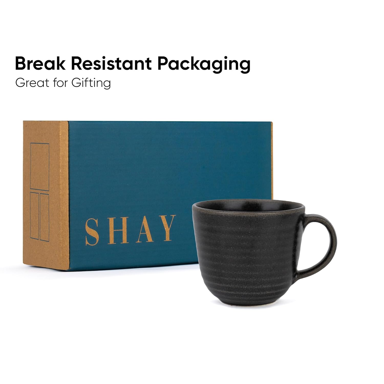 Large Ceramic Coffee Mug Set Of 2 - Reactive Black, 400ml Each | Ceramic Ribbed Mug With Glossy Finish - Mug For Coffee | Ceramic Coffee Mug - Coffee Cup | Microwave Safe & Dishwasher Safe