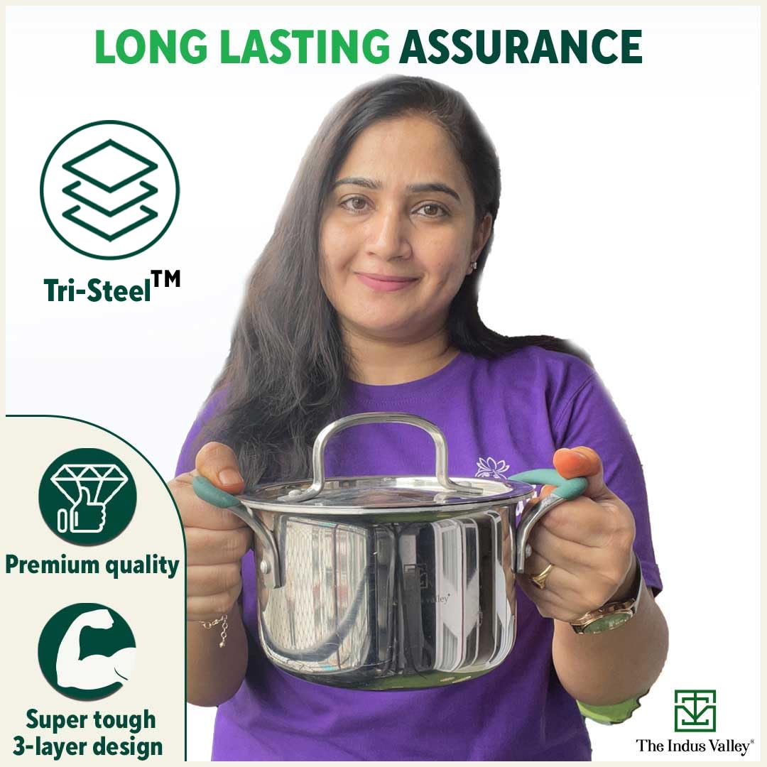 Triply Stainless Steel Stock Pot Or Biryani Pot Or Casserole With Steel Lid | Medium 21.6cm, 8.5 Inch, 3 Liters, 1.4 Kg - Induction Friendly, Nonstick 3-Layer Body, 100% Pure & Toxin-Free