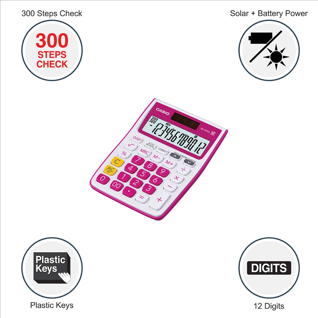Casio Mj-12vcb-rd 300 Steps Check & Correct Colourful Desktop Calculator (White And Pink) | 12 Digits, 2-way Powered