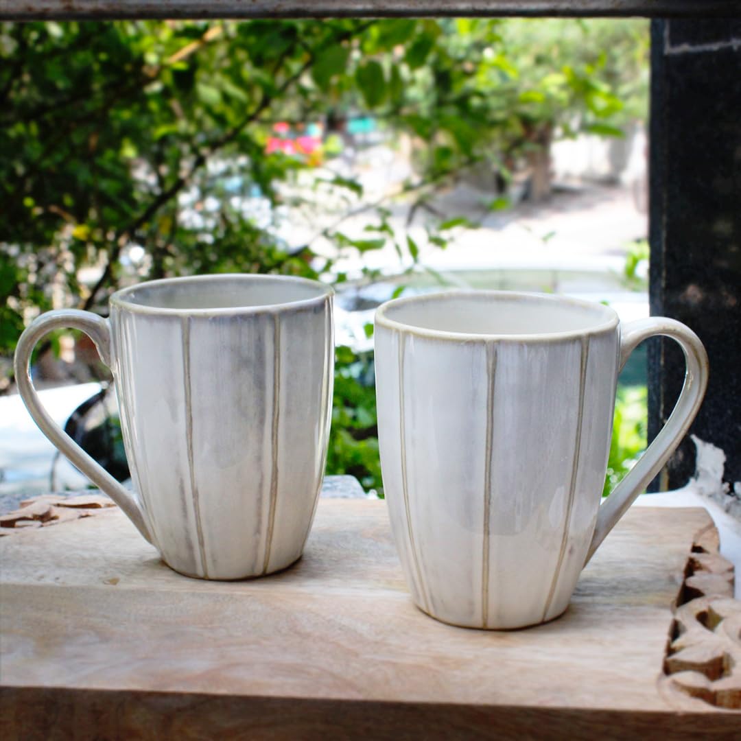 White Ivory Charm Ceramic Coffee Mug Set Of 2 Pieces - 350ml Each | Studio Pottery Ceramic Mugs For Coffee, Tea, Milk - Microwave Safe & Leak Proof