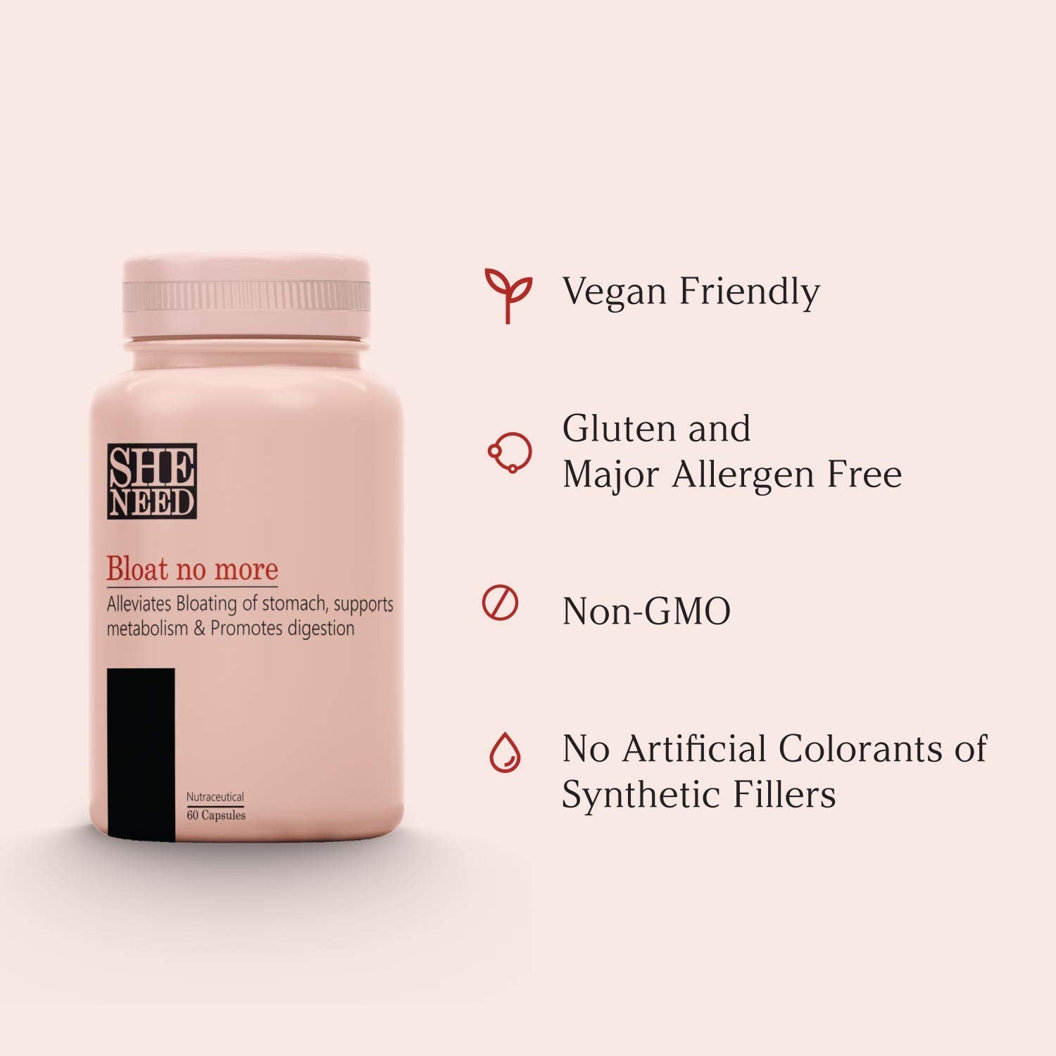 Sheneed Bloat No More - Digestive Supplement With Herbal Essential For Bloating, Improves Digestion, Constipation Relief, Bloating & Acidity, Improve Digestive Health | 60 Capsules, 100gm 0.2lbs