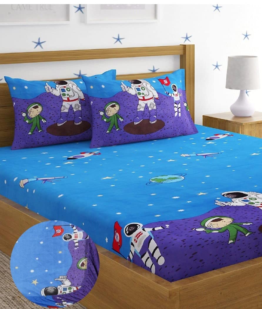 Elastic Fitted Kids Space Double Bedsheet 2 King Size Pillow Covers, Dark Blue (72x78 Inches) | Lightweight, Soft & Breathable - Perfect For Gifting Bedsheet
