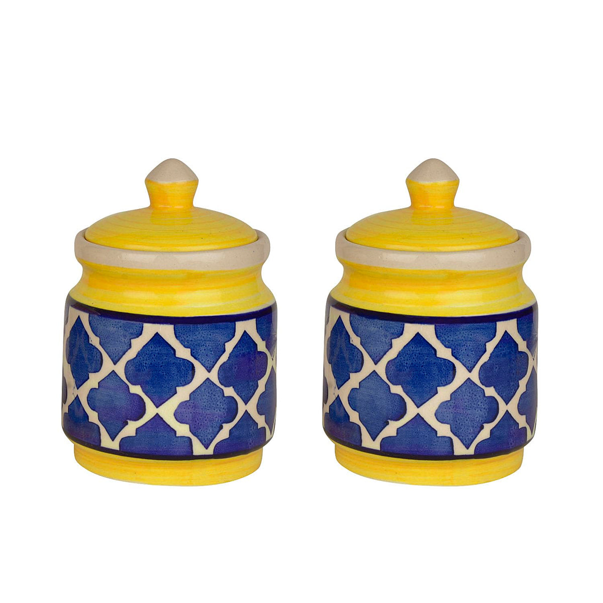 Hand Painted Ceramic Jar Set With Lid Set Of 2 - 500ml Each, Blue & Yellow | Ceramic Multi-Utility Storage Jar - Pickle Storage Jar With Lid, Burni