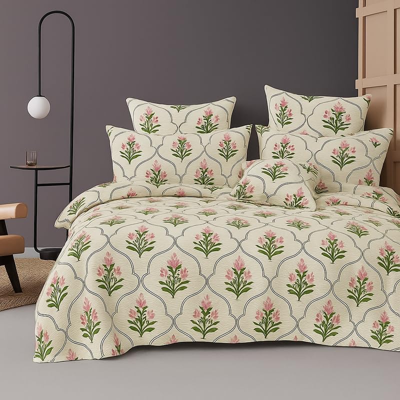 Cotton Double Bedsheets King Size With 2 Pillow Covers | Size 78 X 72+10 Inches, Pink & White - All Around Elastic Fitted Design Bedsheet