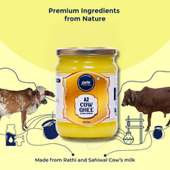 Pure A2 Cow Ghee By Pure Whites | Homemade Organic & Fresh Ghee Prepared Using Traditional Vedic Bilona Method | (500ml) 16.9 Ounce | Jar Pack