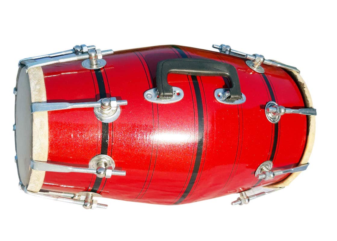Wooden Musical Dholak Instrument Drum Nuts & Bolt - Red | Perfectly Symmetric Round Dholak - Dholak For Festival, Wedding, Satsang | Very Easy To Tune