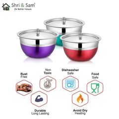 Stainless Steel Serving Bowl With Stainless Steel Lid Set Of 3 Pieces, Silver Multicolor | 650ml Each, Dishwasher Safe