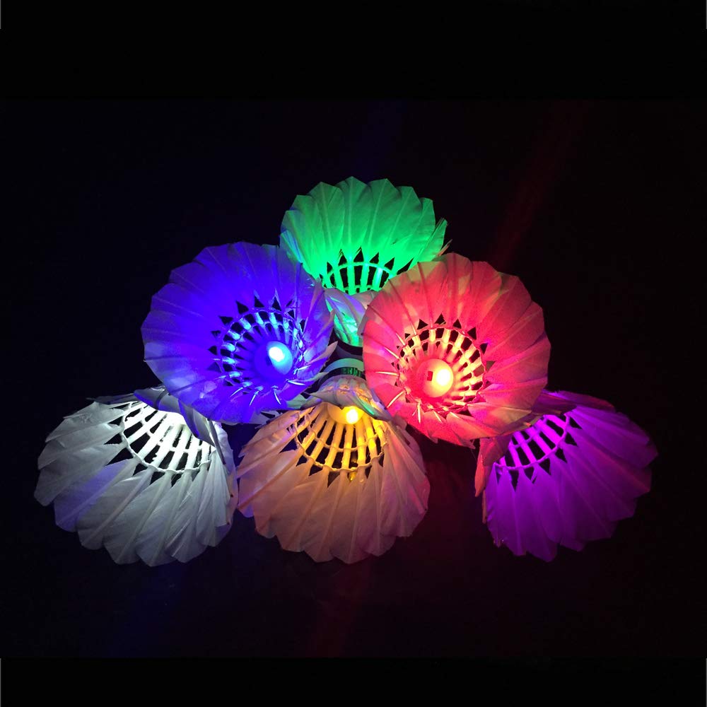 Zhenan Led Badminton Feather Shuttlecocks Dark Night Glow Birdies Lighting For Outdoor & Indoor Sports Activities | Multicolour , Pack Of 6