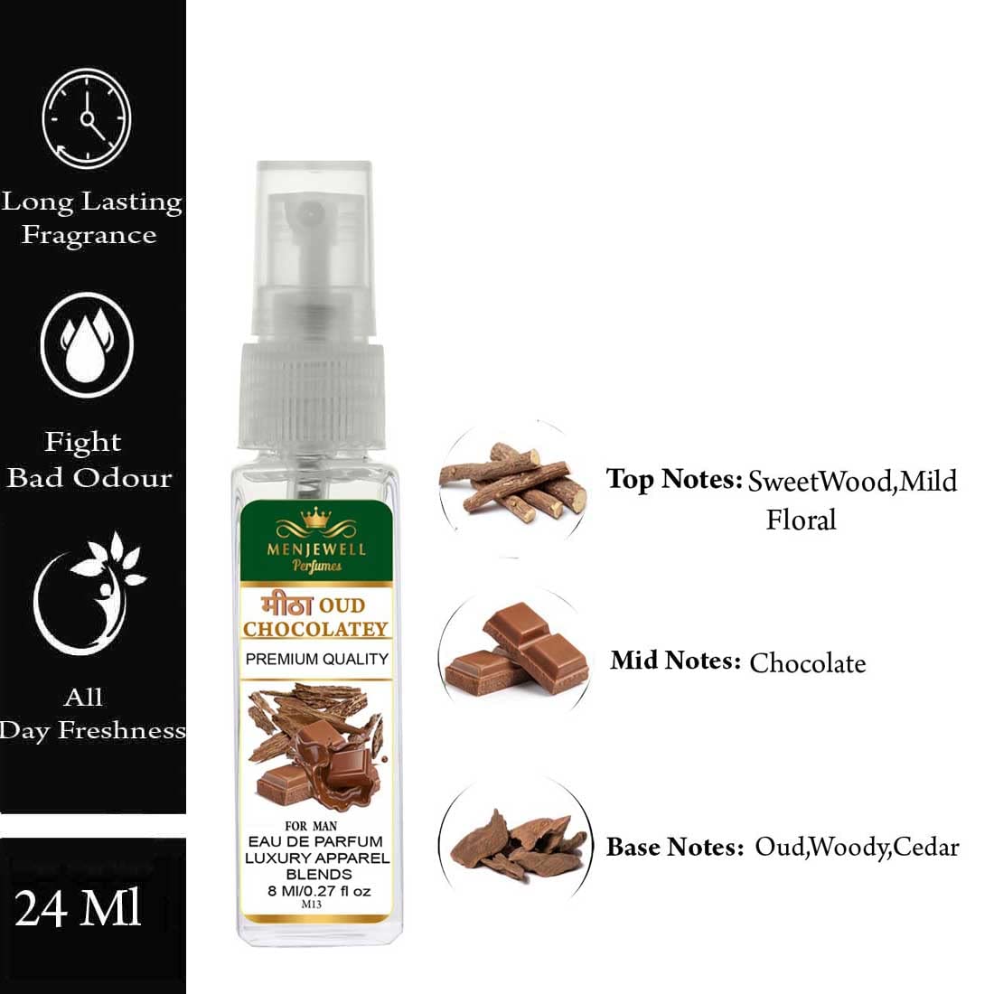 Menjewell Mitha Oud Chocolatey Eau De Parfum For Man 8ml 0.27 Fl.oz. Each Pack Of 3 | Luxury Apparel Parfum | Long Lasting