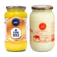 Natural Premium A2 Cow Ghee (1 Litr) 33.8 Ounce & Buffalo Ghee (900ml) 30.4 Ounce By Pure Whites | Homemade Organic & Fresh Ghee Prepared Using Traditional Vedic Bilona Method | Jar Pack