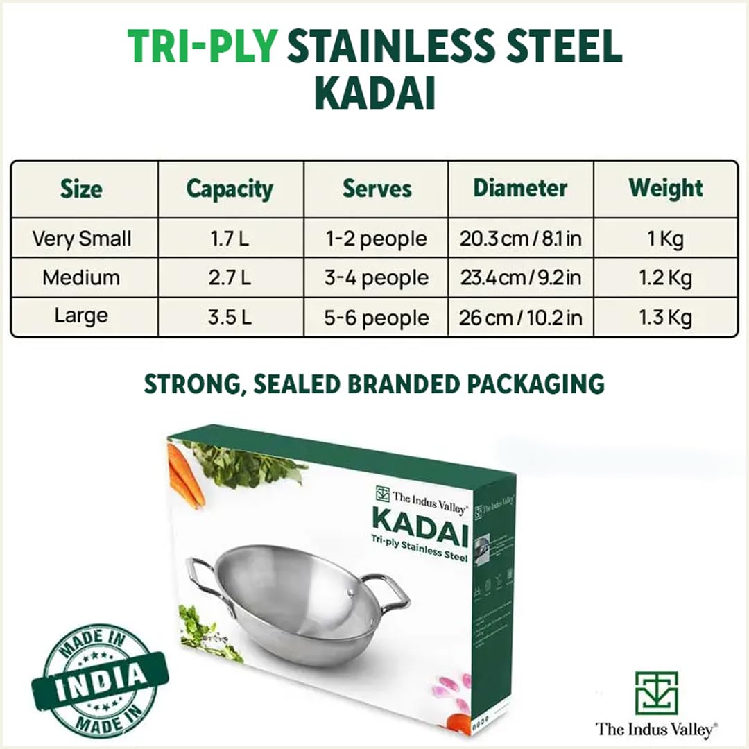 Triply Stainless Steel Kadai With Handle For 1-2 People - Very Small 20.3cm, 8 Inch, 1.7 Liters, 1 Kg | Induction Friendly, Nonstick 3-Layer Body, 100% Pure & Toxin-Free, No Chemical Coating