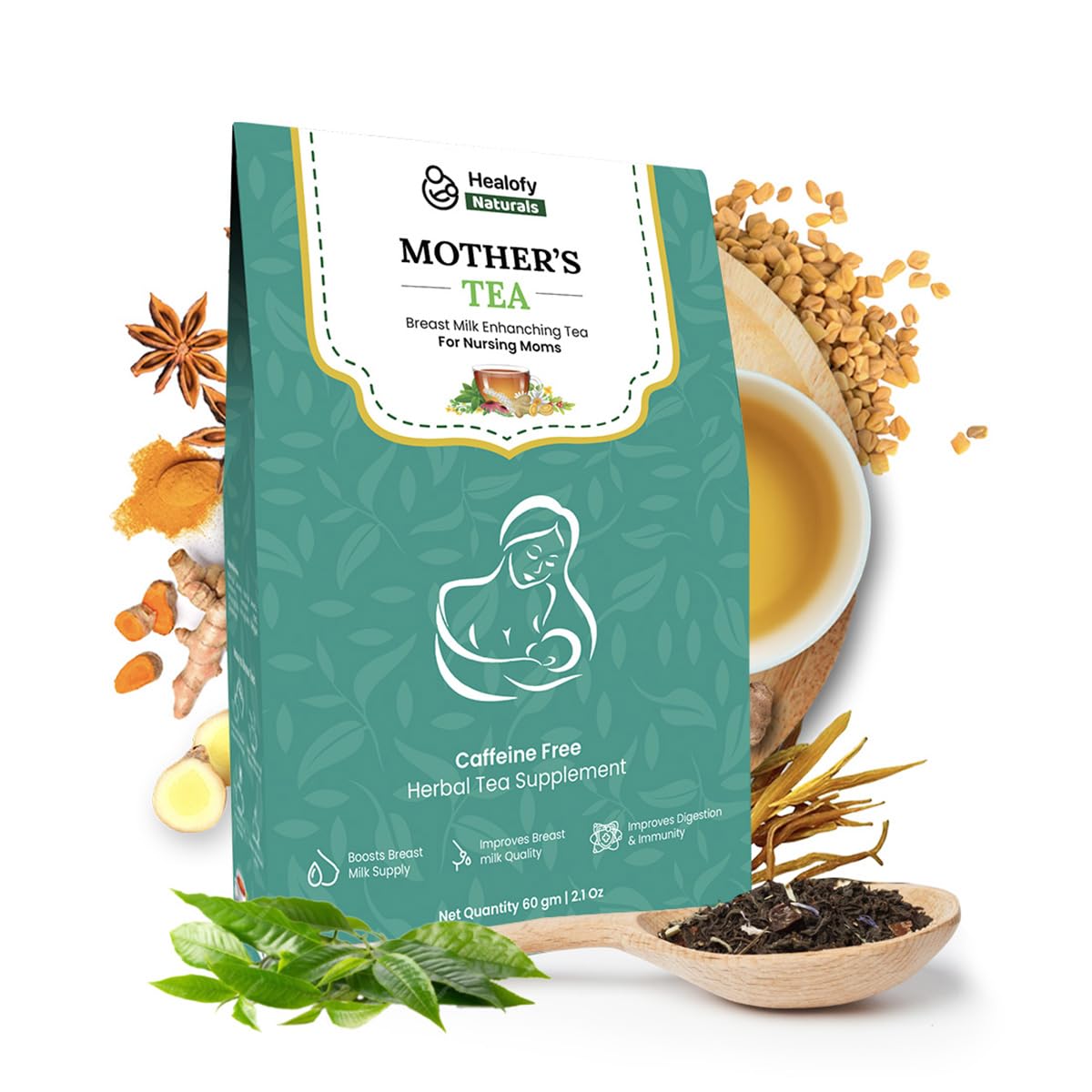 Healofy Naturals Mother's Tea - Pack Of 2 X 60gm, 2.1 Ounce Each | Infused With Moringa Leaves, Fennel Seeds, Shatavarai & Turmeric Root - Boosts Breast Milk Supply | No Added Preservatives