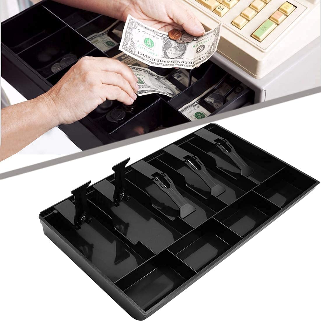 Abs Plastic Cash Drawer Organizer Tray, Cashier Drawer Box With Coin Slot, Bill Counter Cash Box With 5 Bills 4 Coins For Petty Cash Money Storage Box, Colour - Black , Material - Plastic