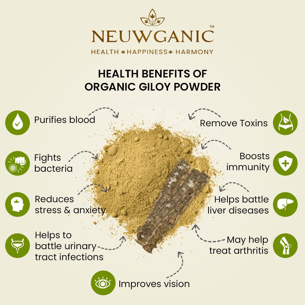 Neuwganic Organic Giloy Powder India Organic & Usda Organic Certified, For Reducing Inflammation, Detoxifying Body, Improving Function, Regulates Sugar | 200gm 0.4lbs