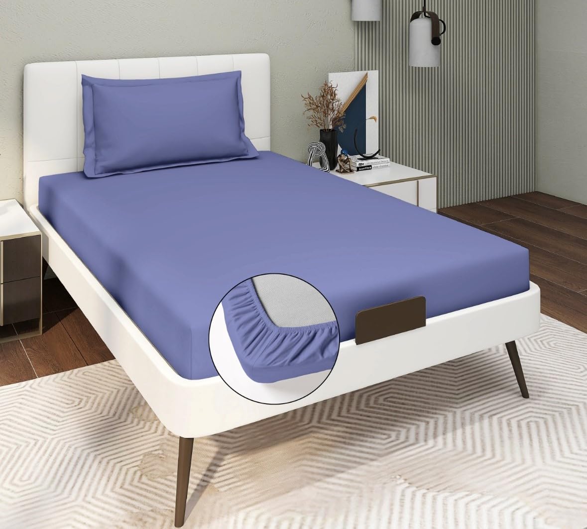 Glace Cotton Super Soft Bedsheets Single Bed Size (72 X 48 X 8 Inch) With 1 Pillow Cover | All Around Elastic Fitted Bedsheets, Navy Blue