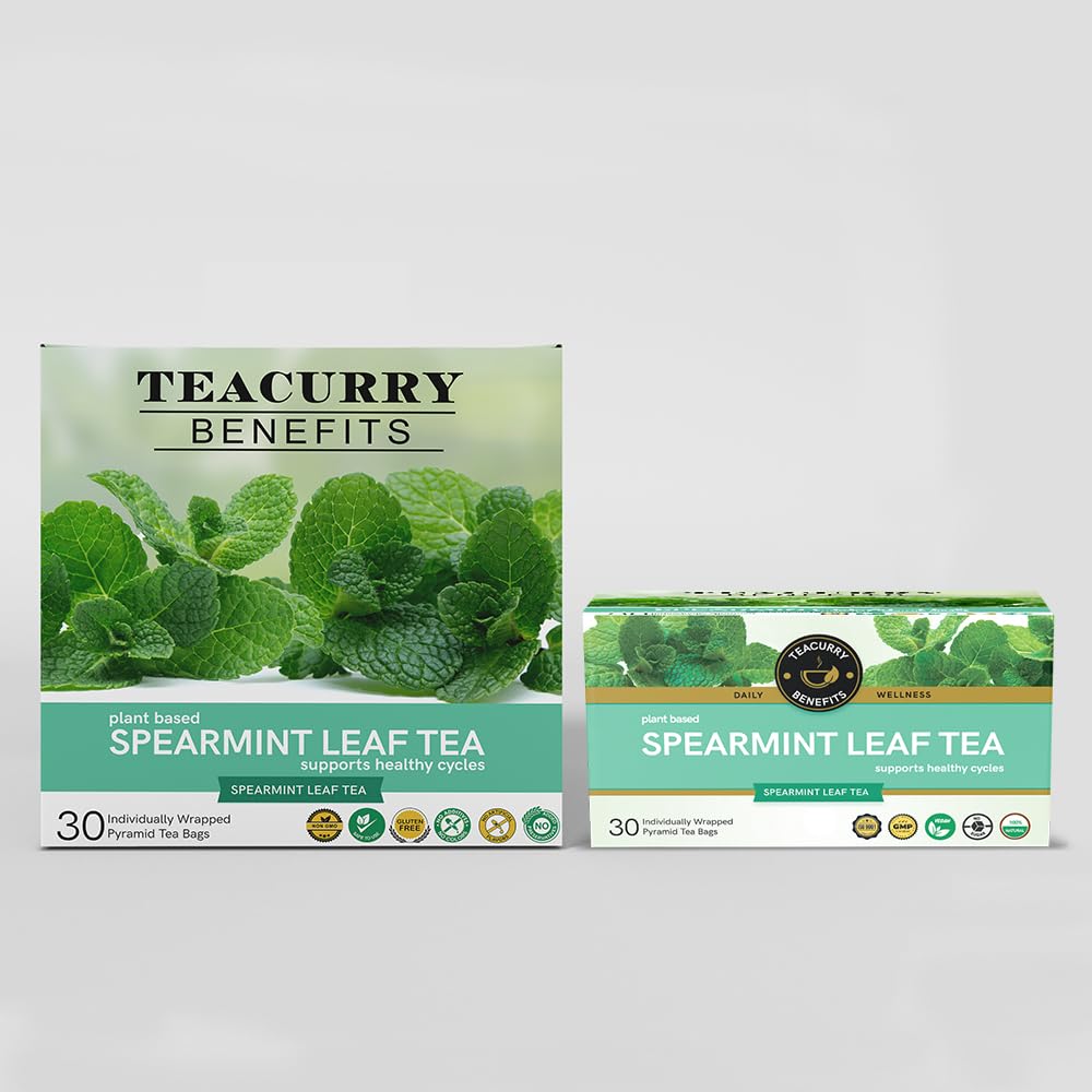 Teacurry Plant Based Spearmint Leaf Tea Bag - 60gm, 2.1 Ounce, 30 Pyramid Tea Bags | Helps With Hormonal Imbalance, Facial Hair & PCOS - Caffeine Free, Gluten Free