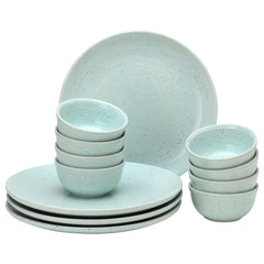 Handcrafted Ceramic Stoneware Dinner Set - Pack Of 12 Pcs, Mint Green | 4 Dinner Plates, 10.6 Inch Each + 8 Salad Bowl, 180ml Each - Microwave & Dishwasher Safe