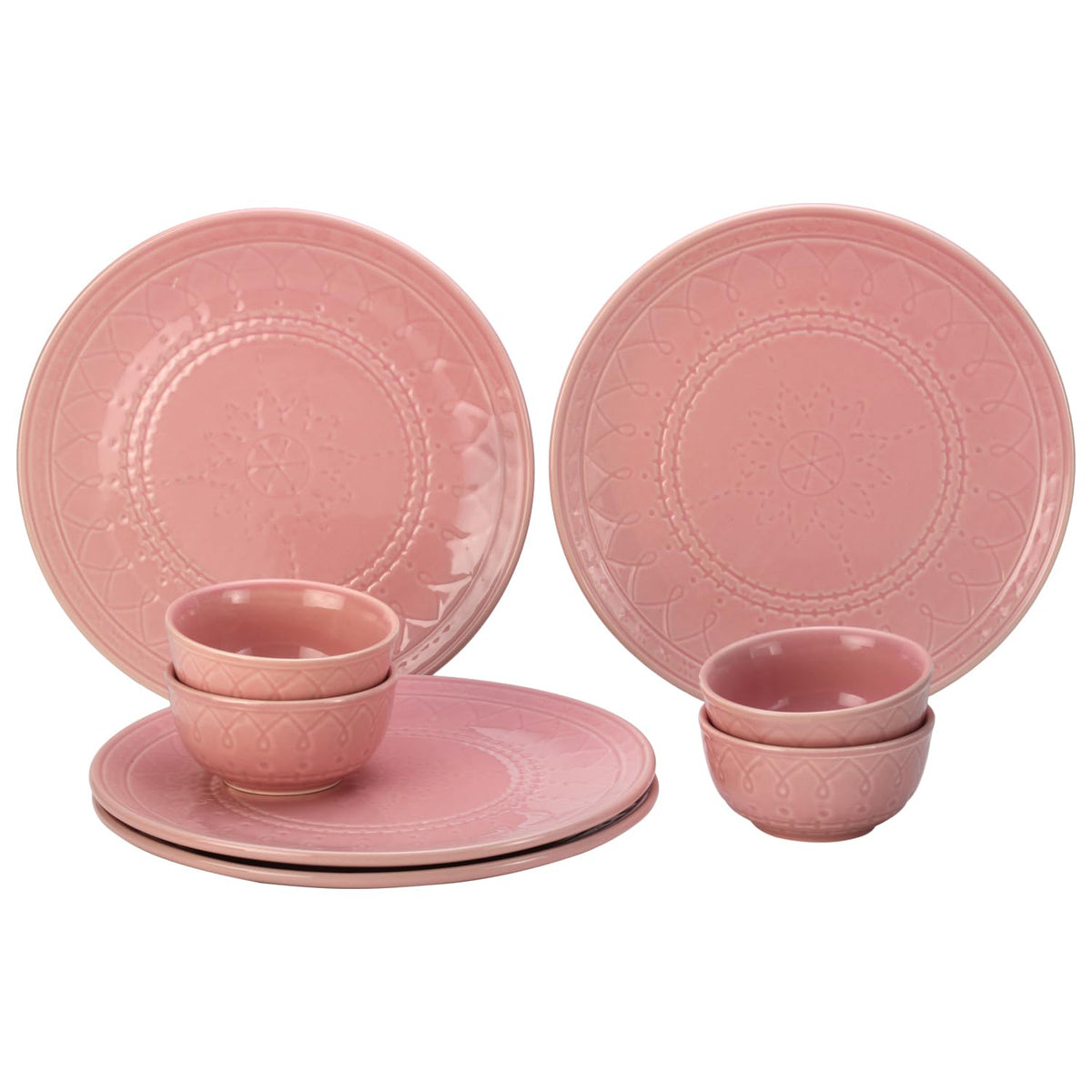 Handcrafted Stoneware Embossed Dinner Set Of 4 - Ceramic Pack Of 8 Pcs, Light Pink | 4 Dinner Plates + 4 Bowl Or Katoris, 180ml Each - Microwave & Dishwasher Safe | Serving For 4