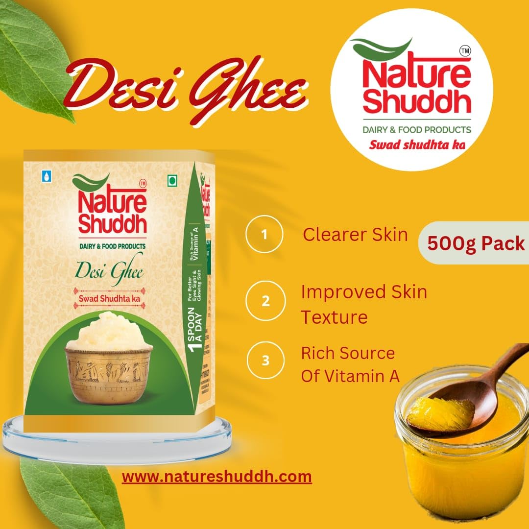 Natural Desi Ghee By Nature Shuddh | Rich In Vitamins A, D, E, & K Healthy Pure Desi Ghee For Garnish | (500ml) 16.9 Ounce | Box Pack