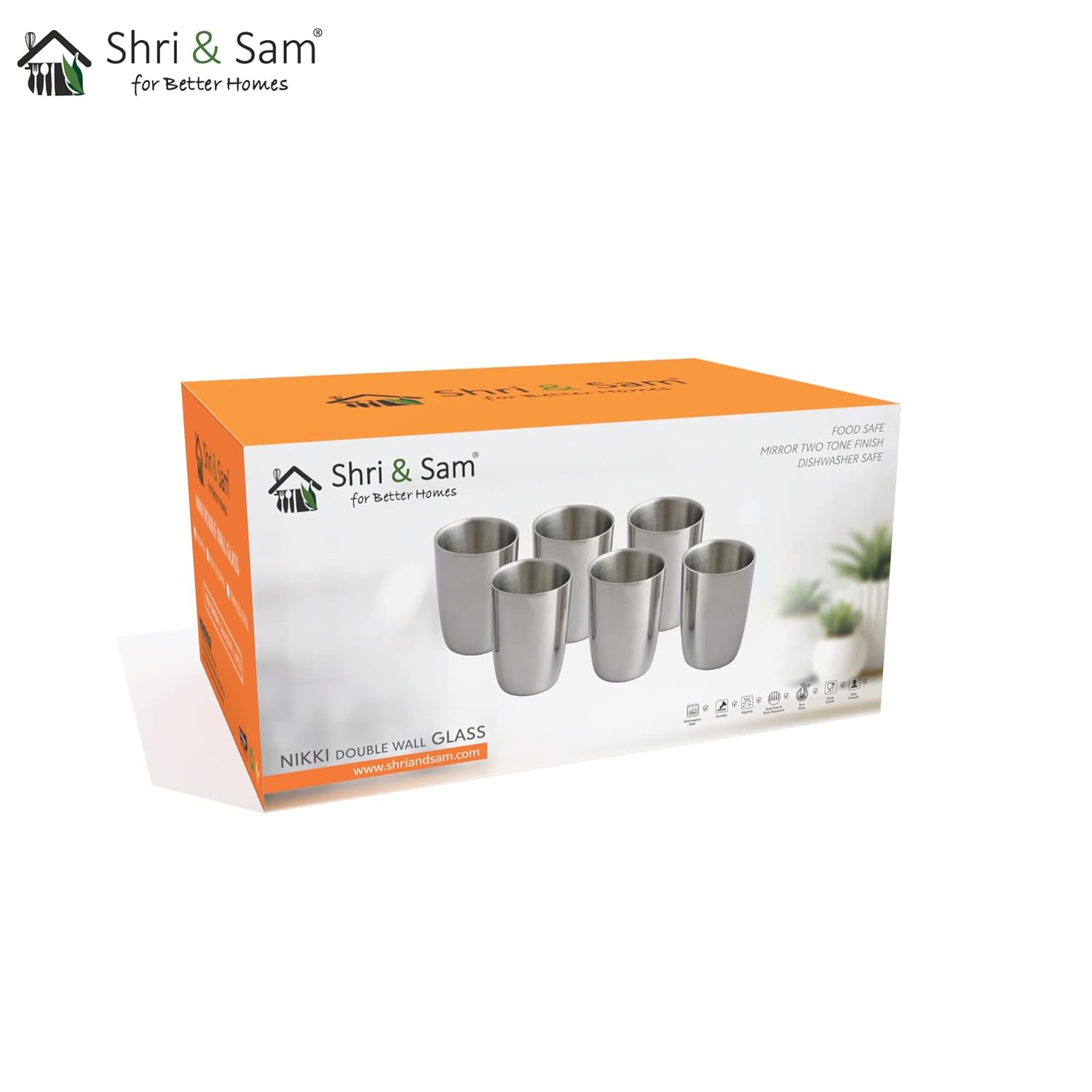 High Grade Stainless Steel Nikki Double Wall Glass Set Of 6 - Silver, 40ml Each | Easy To Clean & Dishwasher Safe