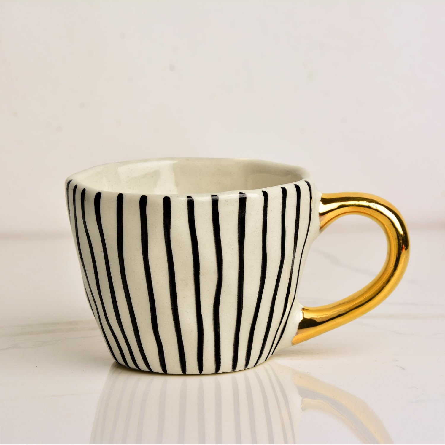 Premium Handmade Vertical Stripes Ceramic Coffee Mugs With Golden Handle Set Of 2 - 200ml Each, Black & White | Tea Cups & Mugs - Chai Cups