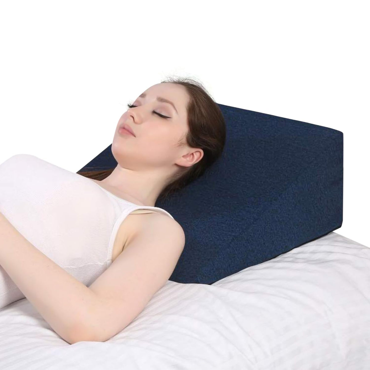 Bed Wedge Pillow, For Back Support, Blue, Medium Size - 18 X 18 X 8 Inches | For Acid Reflux, Gerd, Medical Grade Sponge - Easy To Clean, Removable Soft Fabric Cover, Multi-Purpose Uses