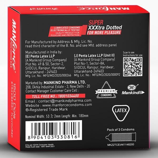 Manforce 1500 Dots Xotic Strawberry Flavour Condoms, 3 Count