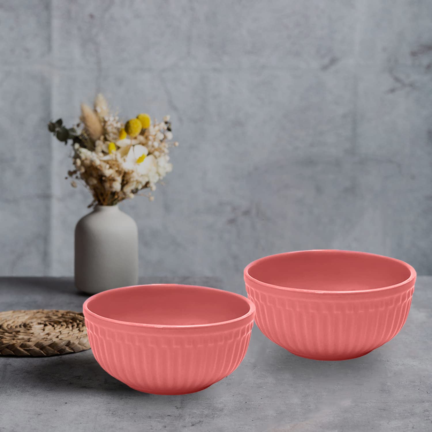 Ceramic “Strip” Handcrafted Multipurpose Serving Bowl Katoris Set Of 2 - 450ml Each, Pink | Cereal Bowl, Soup Bowl, Salad Bowl - Dishwasher & Microwave Safe