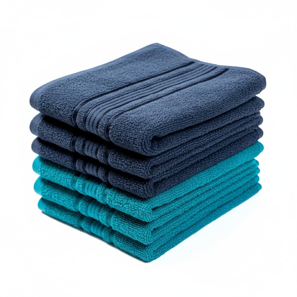 Akiko Home 100% Cotton Essential Series Hand Towels 1200 Gsm | Soft, Absorbent & Durable, Cotton Hand Towel For Bathroom Use, Gentle On Skin- Pack Of 6 (Navy & Teal)