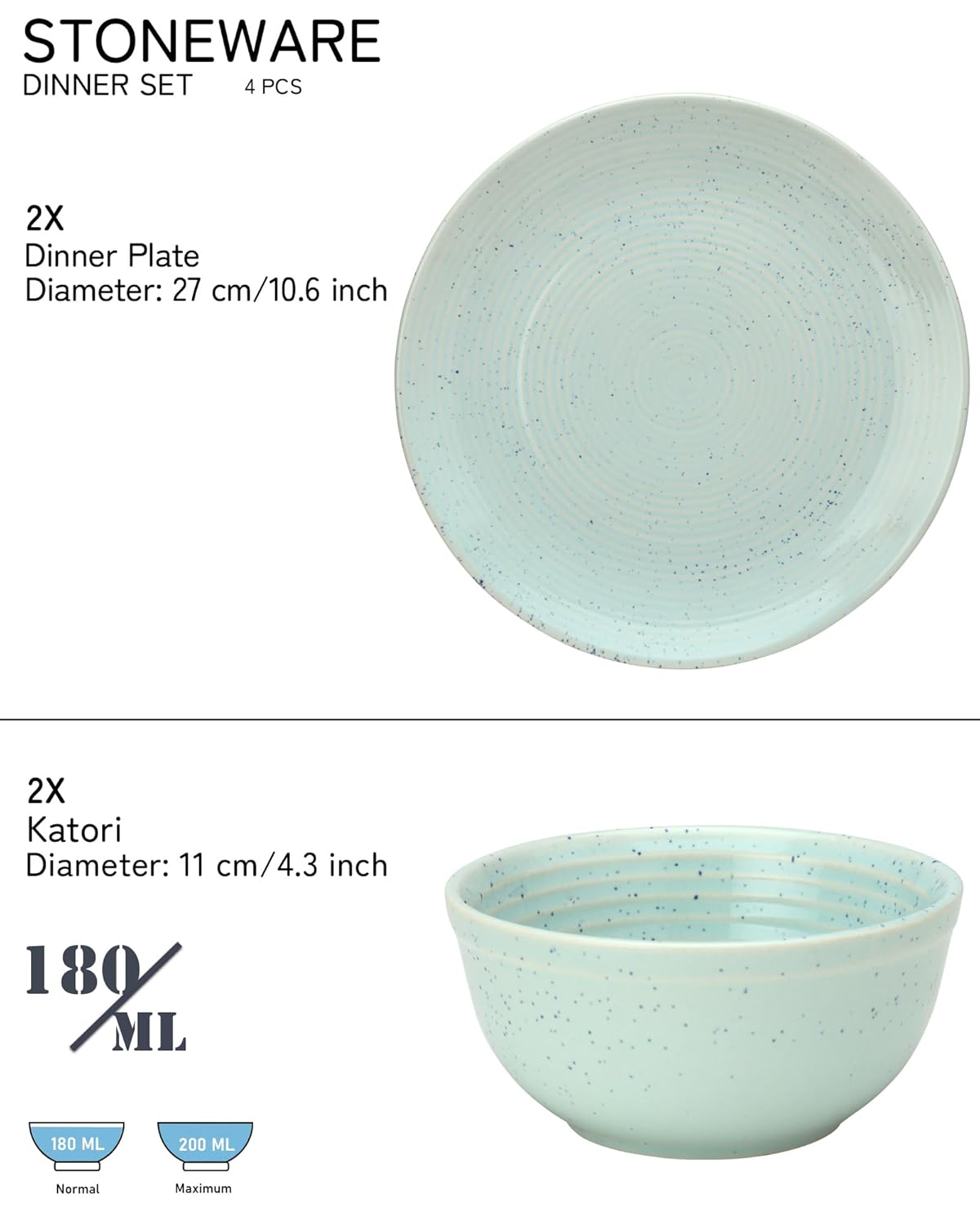 Handcrafted Ceramic Dinner Set - Pack Of 4, Mint-Green | 2 Dinner Plates + 2 Salad Bowl, 180ml Each - Scratch Resistant, Microwave & Dishwasher Safe