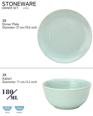 Handcrafted Ceramic Dinner Set - Pack Of 4, Mint-Green | 2 Dinner Plates + 2 Salad Bowl, 180ml Each - Scratch Resistant, Microwave & Dishwasher Safe